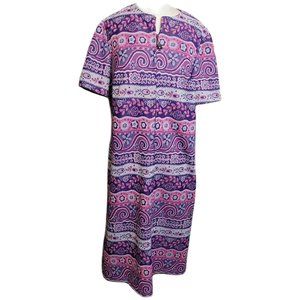 Vintage Dress Floral Paisley Purple Pink Korell Knits Zip Front With Bell 70s
